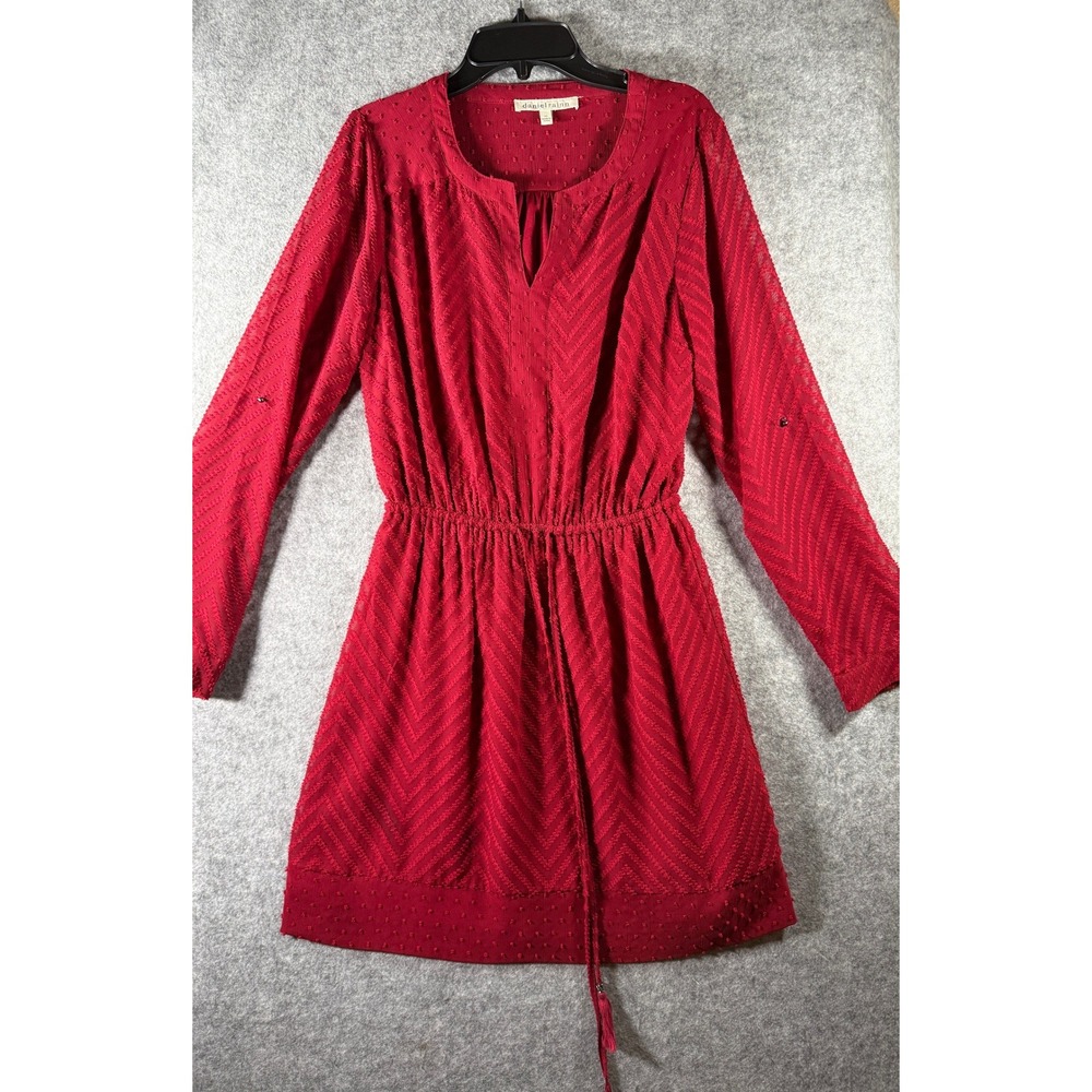 Daniel Rainn Red Clip Dot Chevron Mini Dress Womens XS Long Sleeve Tassel Waist